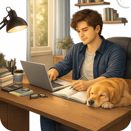 Electrology student learning from home, taking notes while studying electrolysis coursework.