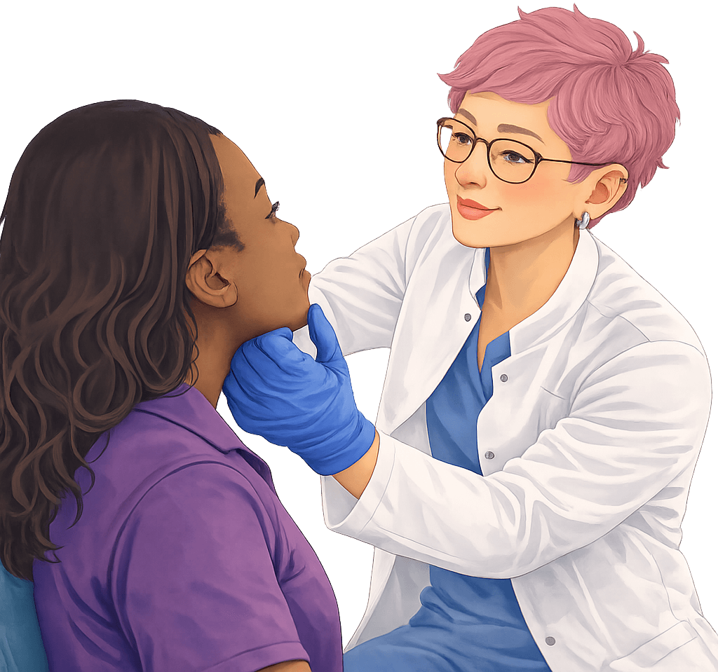 Electrology student working with client on her face to determine a treatment