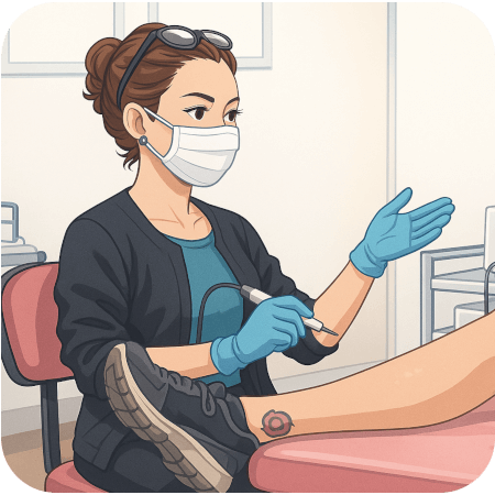 Hands-on electrology training with student using a probe on a client under teacher supervision.