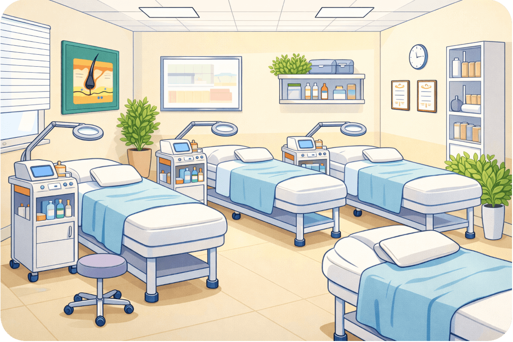 An illustration of a classroom with several treatment bed and machines