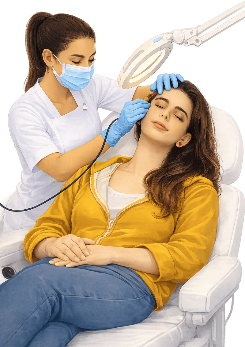 An electrology student preforming a procedure on a student at the Center for Electrology, removing hair from her face